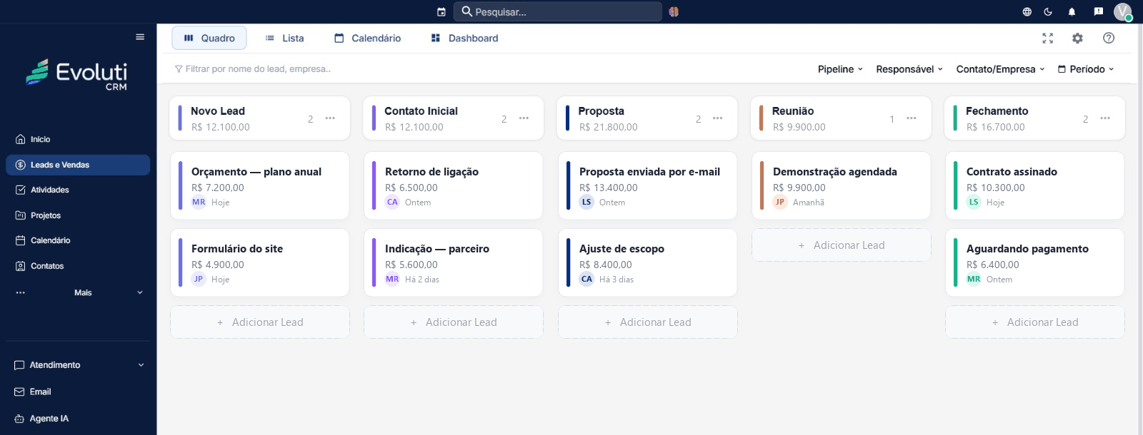Tela do Evoluti CRM: quadro de Leads e Vendas com as etapas Novo Lead, Contato Inicial, Proposta, Reunião e Fechamento, cada uma com seus leads e o valor total em aberto.